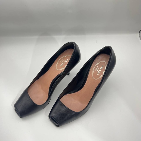 Prada Peep Toe Leather Pump High Heels Black Women 39 Career Work Causal - Picture 5 of 9